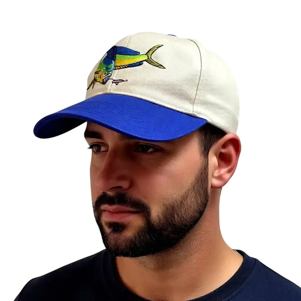 Vintage Mahi Mahi Dorado Fishing‎ Hat Blue Cream Embroidered Trucker Cap